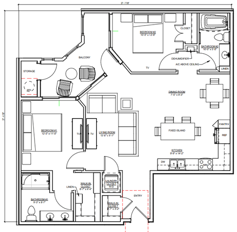 Floor plan for 2 beds, 2 baths, 996 sqft